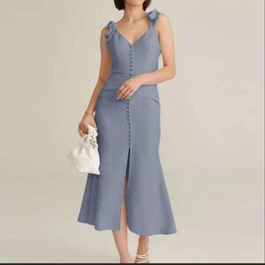 Blue Tie Shoulder Midi Dress Button Front Slit Elegant Feminine Summer Dress